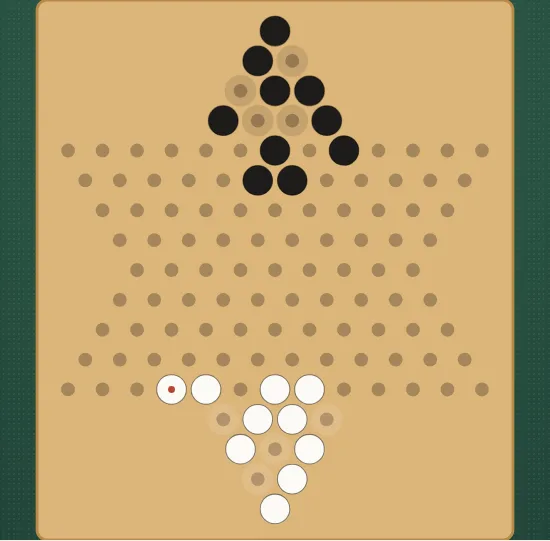 Chinese Checkers on a six-pointed star of holes on the hexagon lattice, with black and white pieces starting out of their opposite camps and some jumped forward.