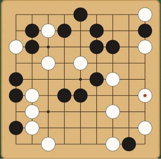 Go on a nine by nine board of crossings, with black and white stones in several groups, some touching, and the last move marked.