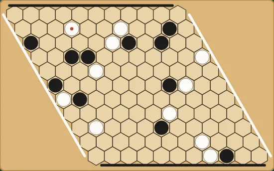 Hex on an eleven by eleven rhombus of hexagonal cells, black and white stones in two chains, each side's two edges coloured to show where its chain must reach.