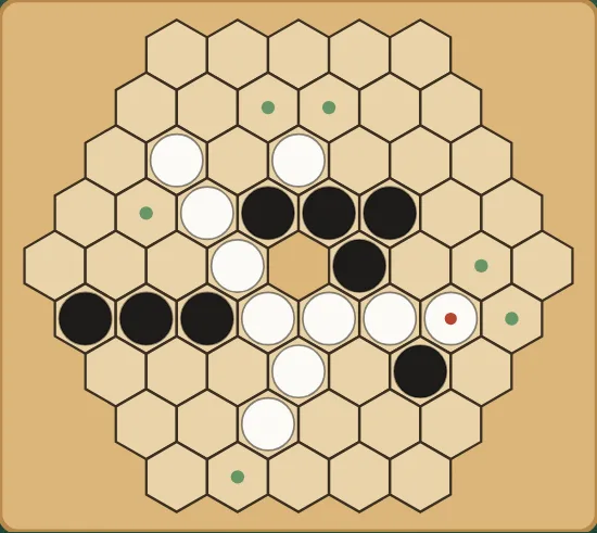 Honeycomb, Reversi on a hexagon of hexagons: black and white discs in lines across the board with a sealed empty hexagon in the middle and green dots for the legal moves.