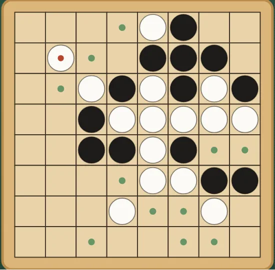 Reversi on an eight by eight board of squares, with black and white discs and small green dots on the squares where the next player may play.