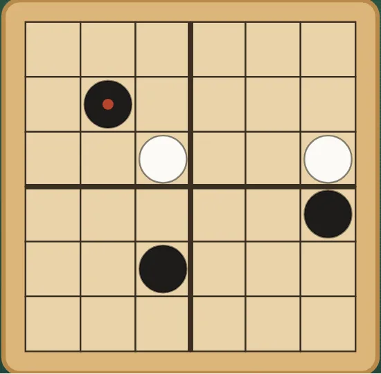 Twist Five on a six by six board cut by thick lines into four quadrants: a few black and white stones, one marked as the last, and the quadrant lines showing which quarters turn.