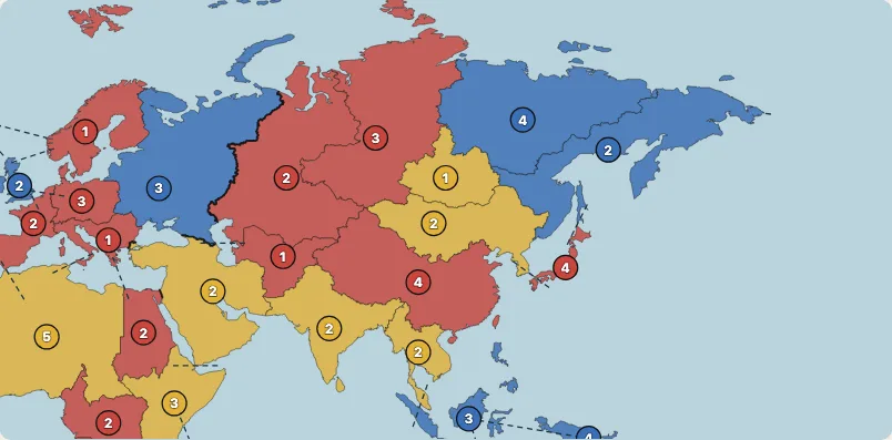 The continent of Asia close up, its territories in the players' colours with armies on each.