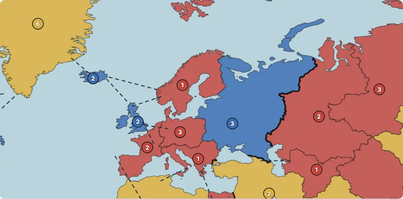 The map of Europe, from Scotland to Turkey, its territories in the players' colours with armies on each and dashed lines for the sea routes.