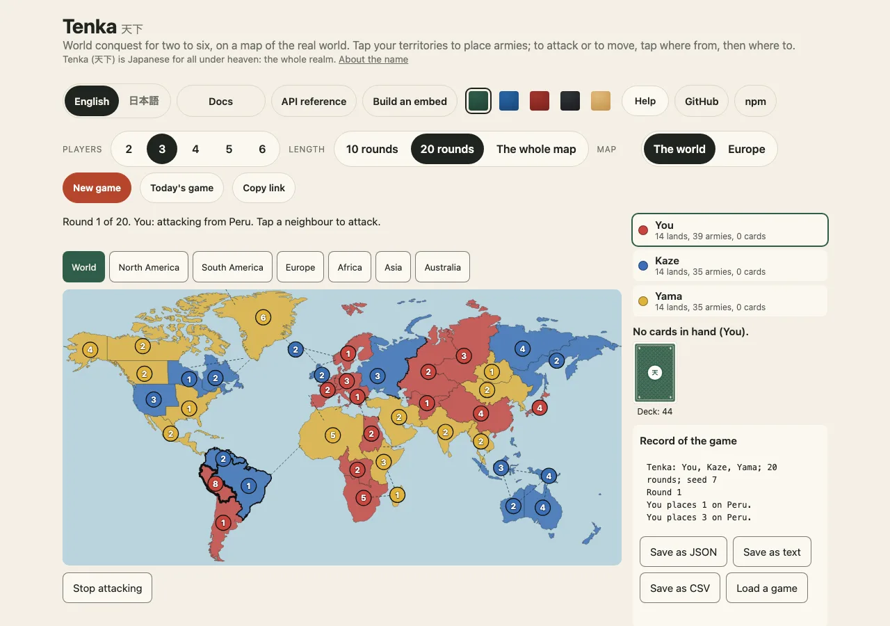 A game of three on the map of the world, on a desk, under the demo's header with its language chooser and cloth swatches: the set-up choices, the map in the players' colours with a count of armies on each territory and an attack from one territory begun, the players with their lands and armies at the side, and the record of the game under the map.