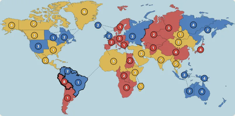 The world map in three players' colours, red, blue and yellow, with a count of armies in a circle on each territory and one outlined as the start of an attack.