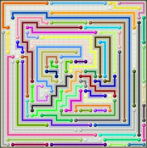 A finished 30×30 level drawn as lines only, dozens of coloured lines filling nine hundred cells
