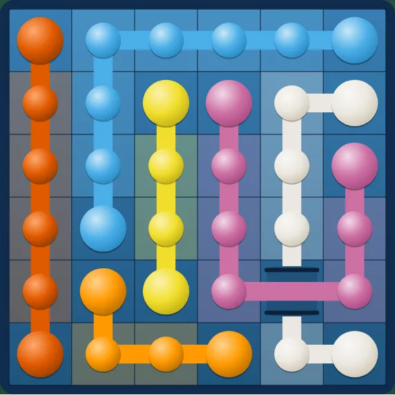 A finished 6×6 level on blue where one line crosses a bridge and another passes under it