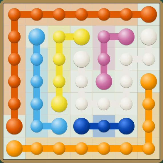 A finished 7×7 level on paper, each pair joined by a line in its own colour