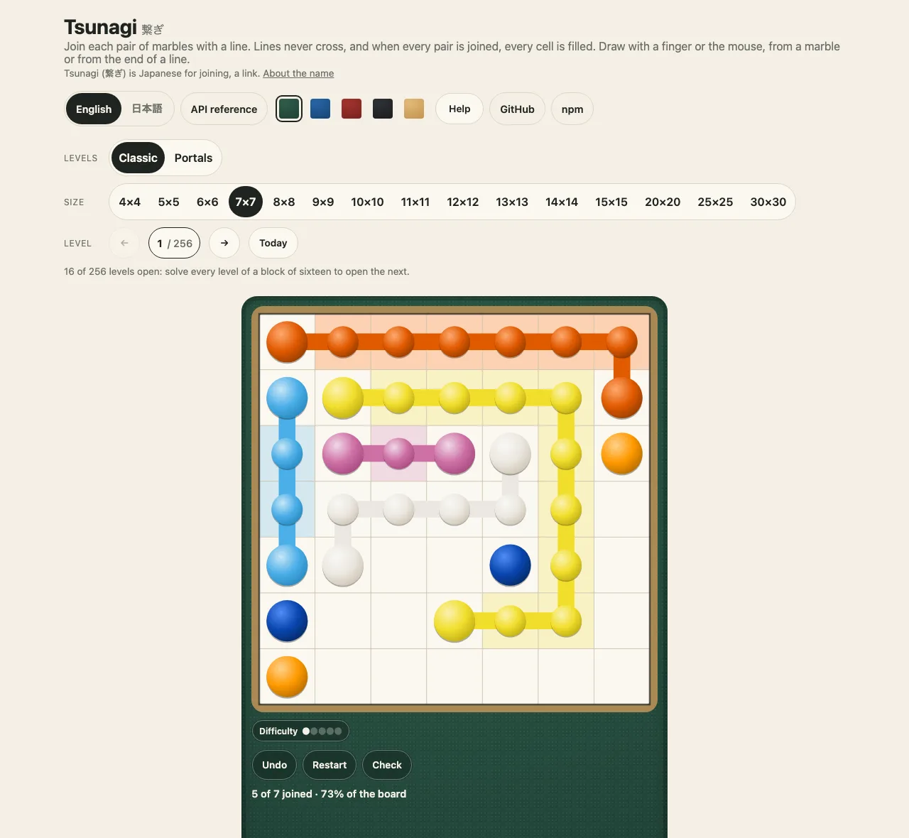 The demo on a desk: its header, the size and level choices, then a 7×7 board on green felt with five of seven pairs joined, the Undo, Restart and Check buttons and the line '5 of 7 joined · 73% of the board'