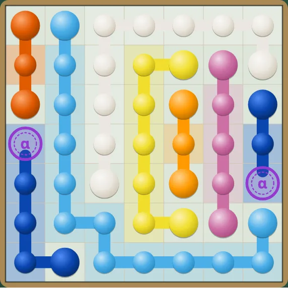A finished 7×7 level with portals: two purple rings marked α, one where a line goes in and one where it comes out