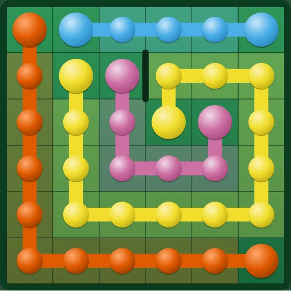 A finished 6×6 level on green with a dark wall bar between two cells and a blocked square