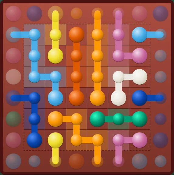A finished 6×6 level on red whose edges join, with the far edge faded round it and a dashed rim