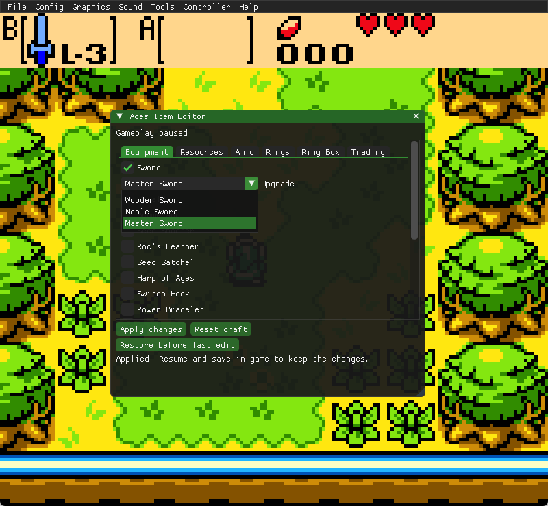 Ages equipment editor with sword upgrades, Harp of Ages and Switch Hook