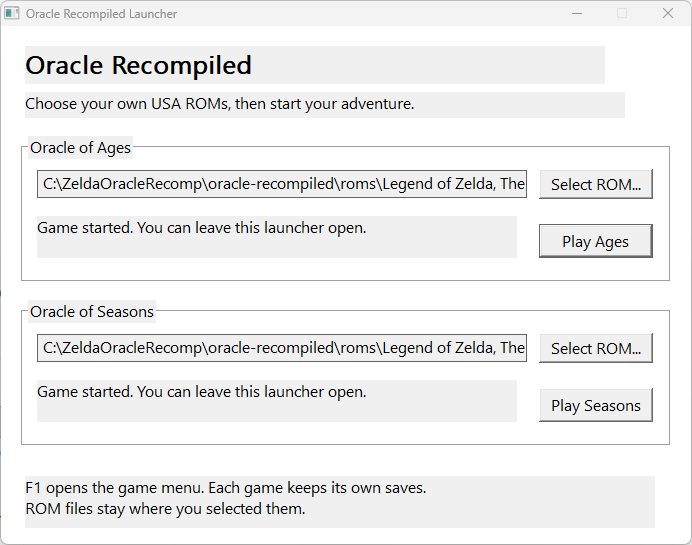 Shared launcher with separate ROM selectors and Play buttons for Ages and Seasons