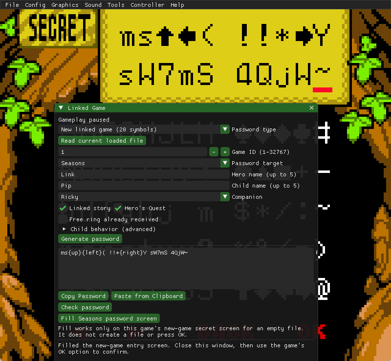 Generated linked-game password and the filled Seasons password-entry screen