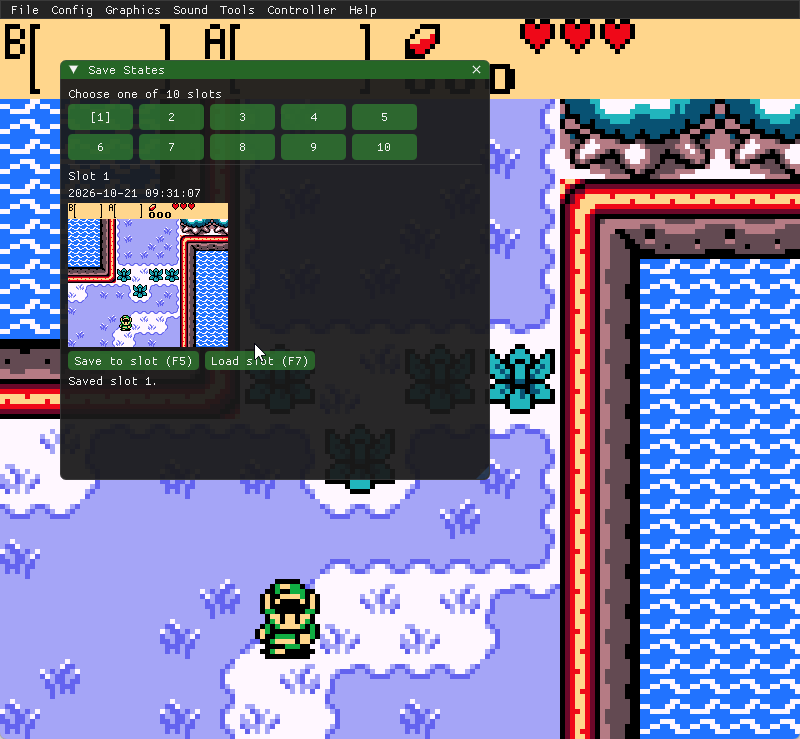 Ten numbered save-state slots with a screenshot preview and timestamp