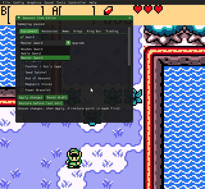 Seasons equipment editor with sword upgrades and game-specific items