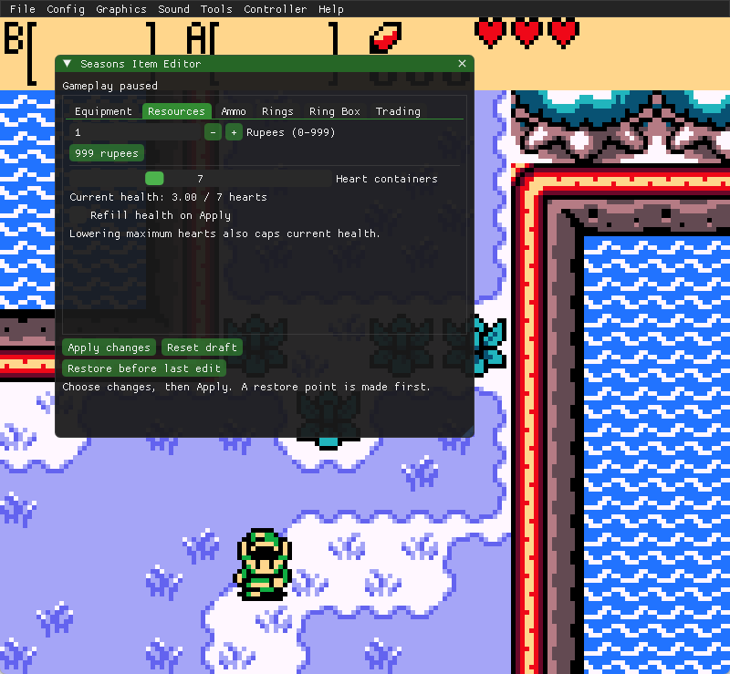 Seasons resource editor with rupees, heart containers and health refill