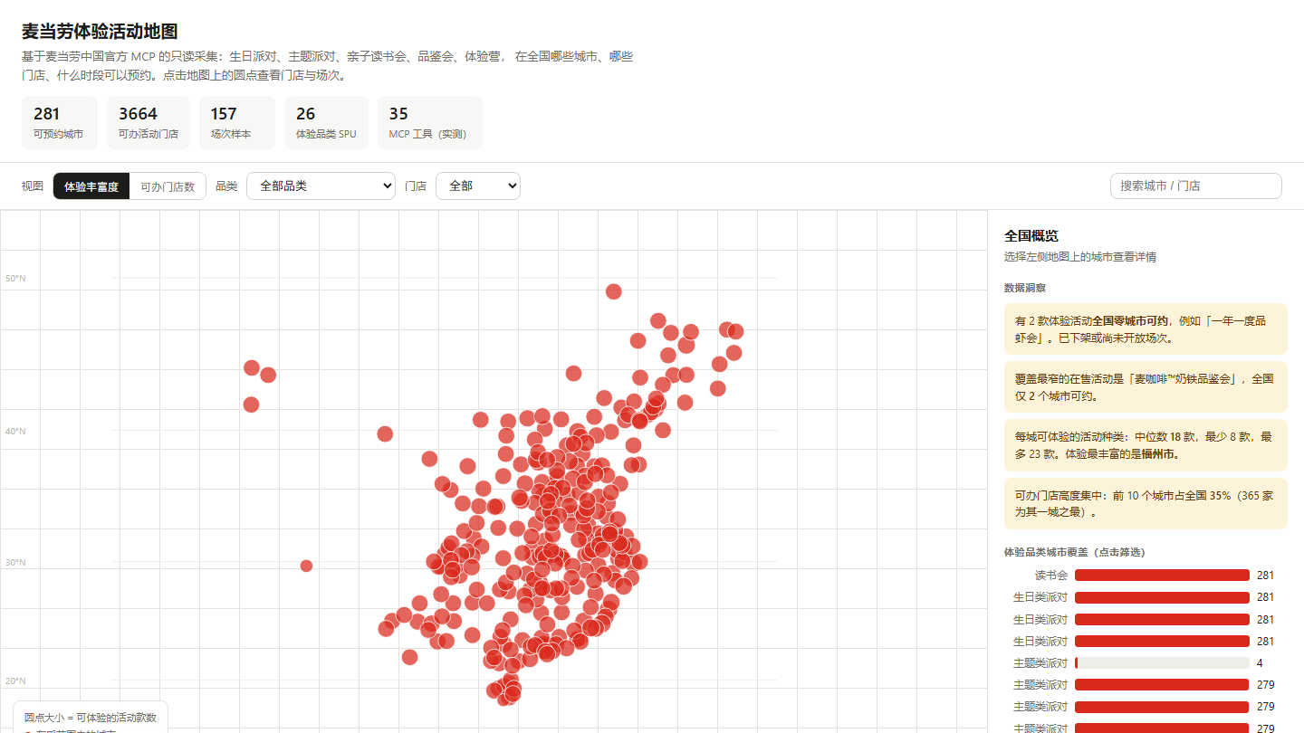 麦当劳体验活动地图总览：全国 281 城可预约活动分布