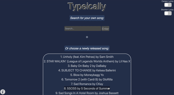 A user searches for a song and types to it, and their typing statistics and place in the leaderboard appear at the end.