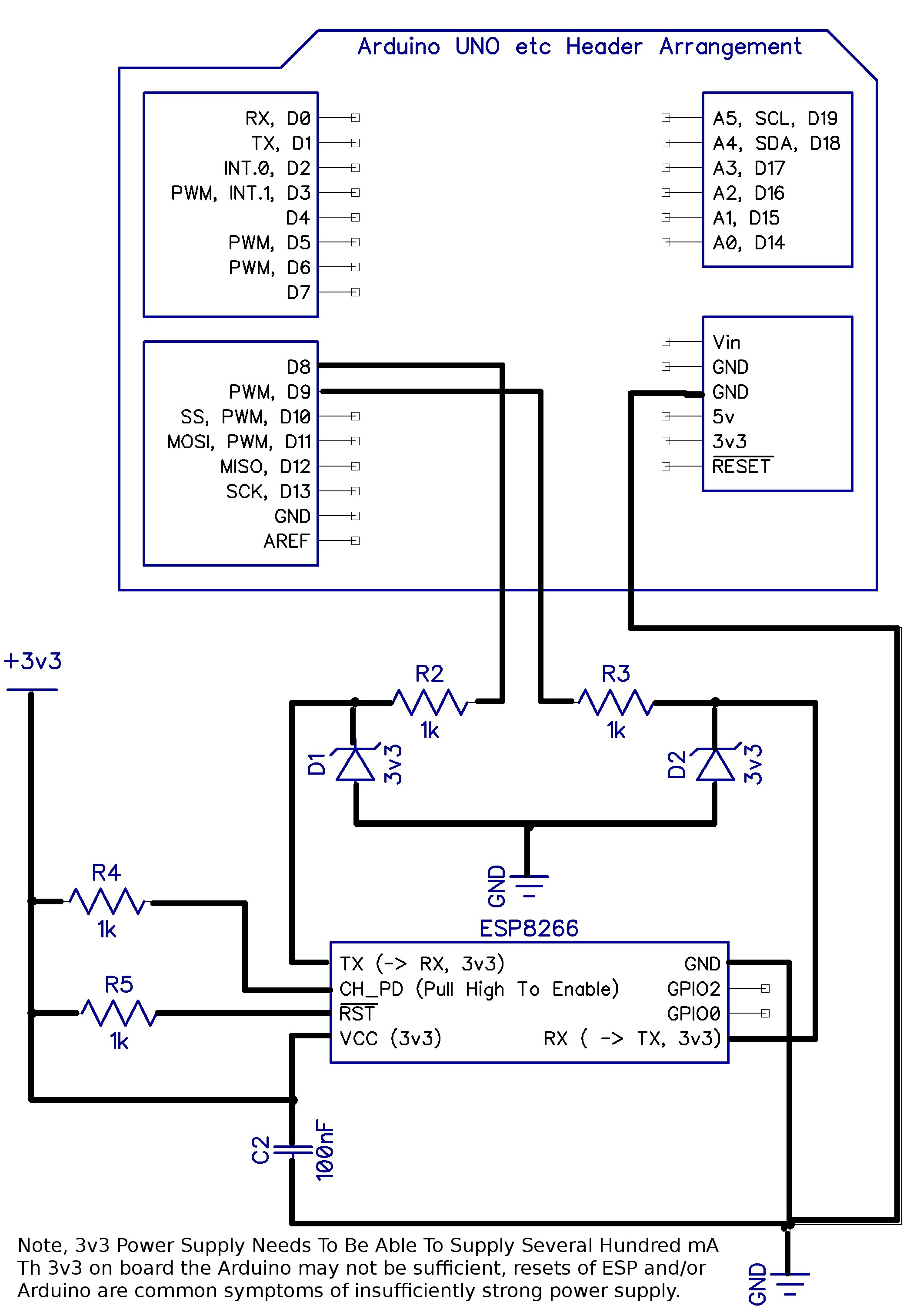 Example Wiring Diagram for ESP8266 Level Shifted with Zeners to Arduino