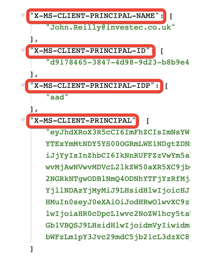 screenshot of easy auth headers including X-MS-CLIENT-PRINCIPAL-NAME`, `X-MS-CLIENT-PRINCIPAL-ID`, `X-MS-CLIENT-PRINCIPAL-IDP` and `X-MS-CLIENT-PRINCIPAL`