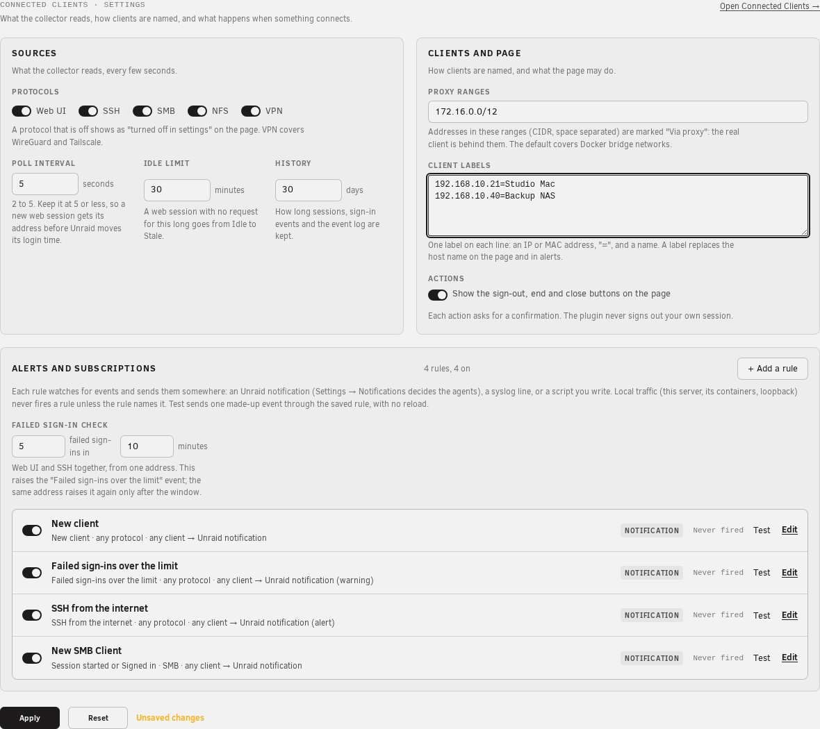 The settings page