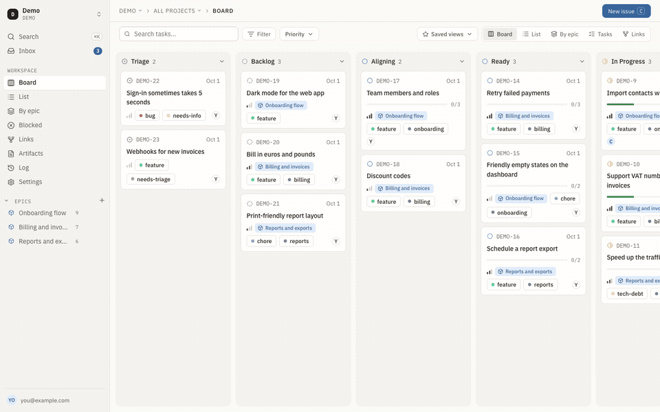 A short walkthrough: board, ticket, done-when, inbox, artifacts