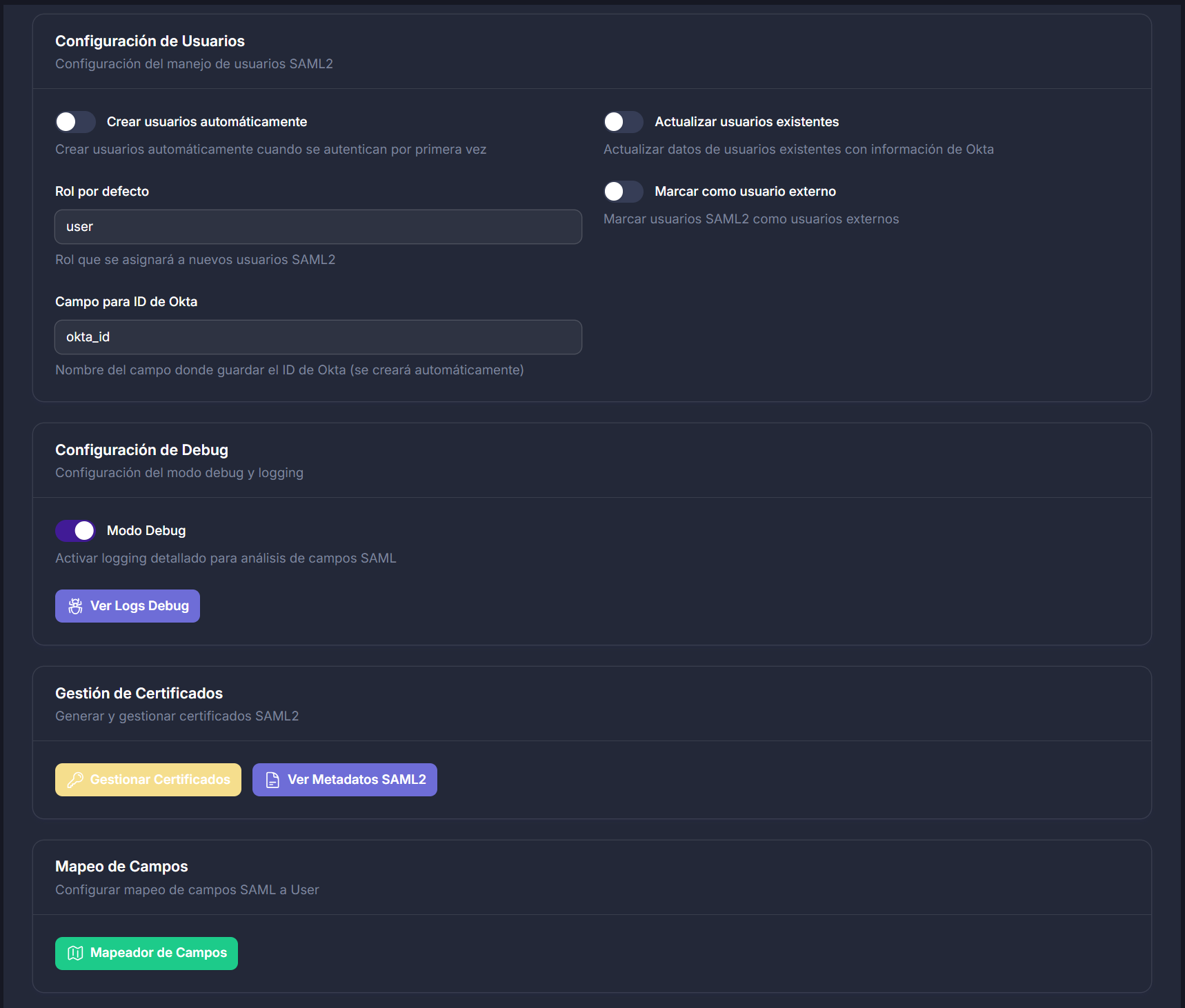 Main SAML2 settings