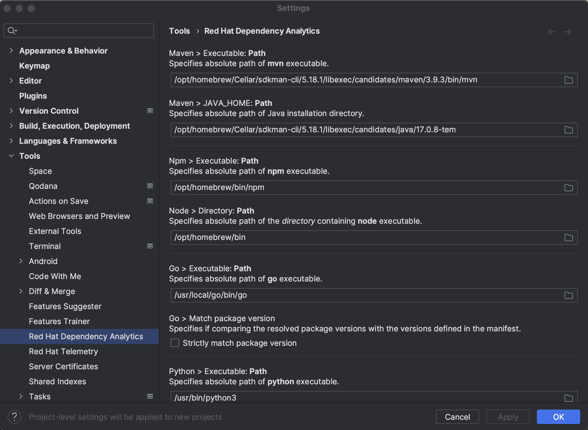 Red Hat Dependency Analytics plugin settings