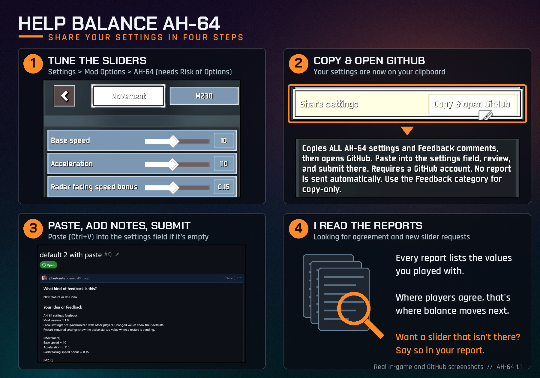 How to share AH-64 settings: tune the sliders, press Copy & open GitHub to copy them to your clipboard, paste into the GitHub form if it's empty and add notes, submit