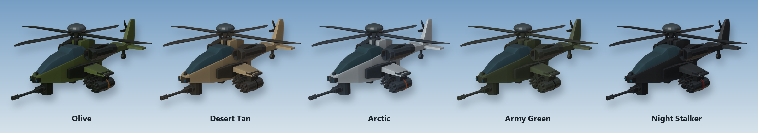 The AH-64 1.2 model in its five paint schemes: Olive, Desert Tan, Arctic, Army Green and Night Stalker