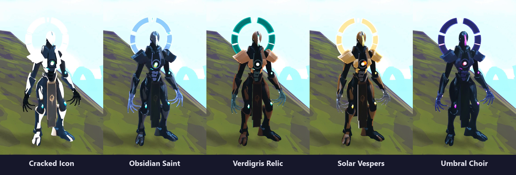 The five Hollow Saint skins: Cracked Icon, Obsidian Saint, Verdigris Relic, Solar Vespers and Umbral Choir