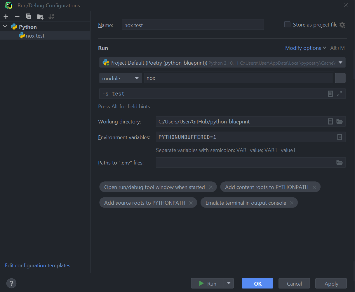 Nox Run Configuration
