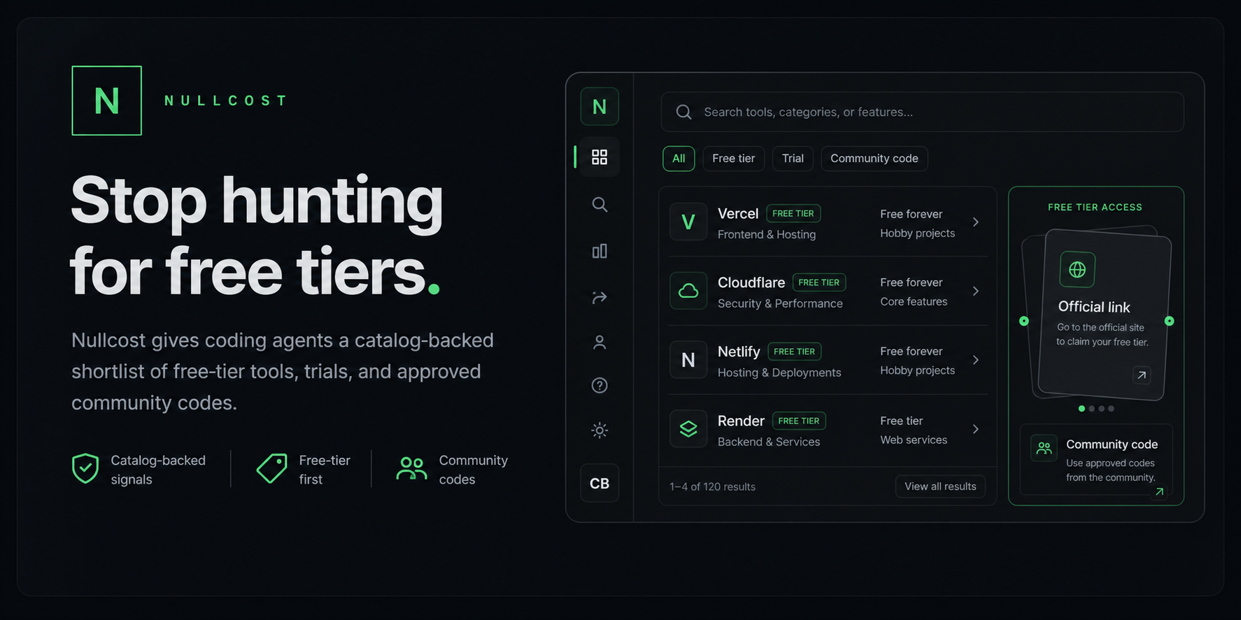 Nullcost catalog-backed free-tier developer tool discovery banner
