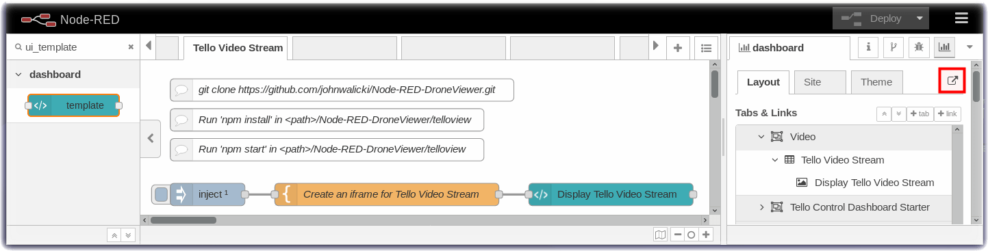 Node-RED Tello VideoStream Starter flow