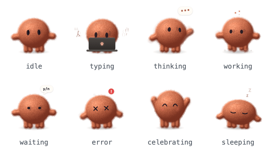 The eight moods: idle, typing, thinking, working, waiting, error, celebrating, sleeping