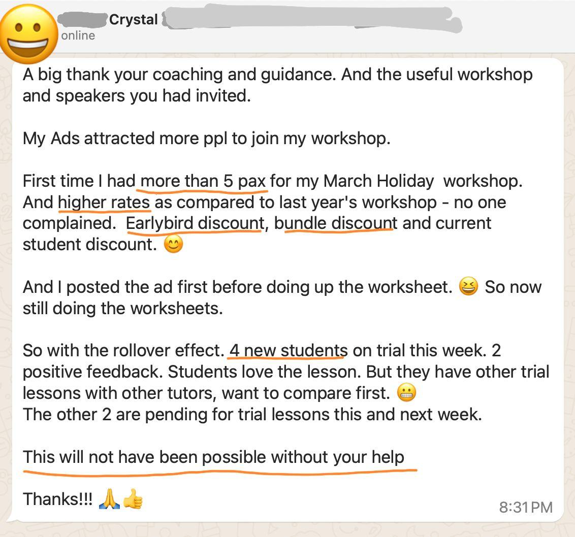 Crystal testimonial - more than 5 pax workshops