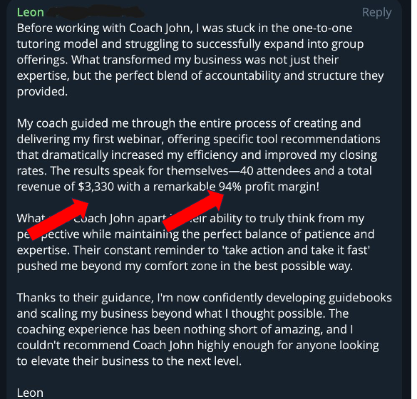 Leon testimonial - 40 attendees, $3,330 revenue
