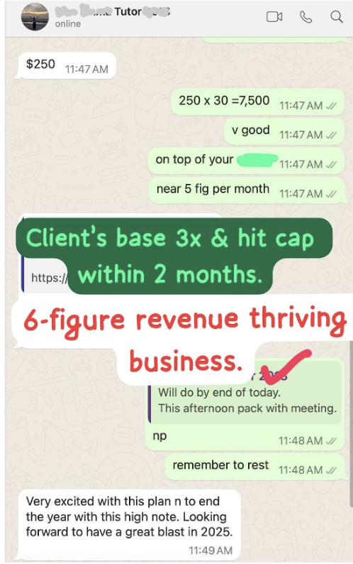 WhatsApp testimonial - client's base 3x, 6-figure revenue