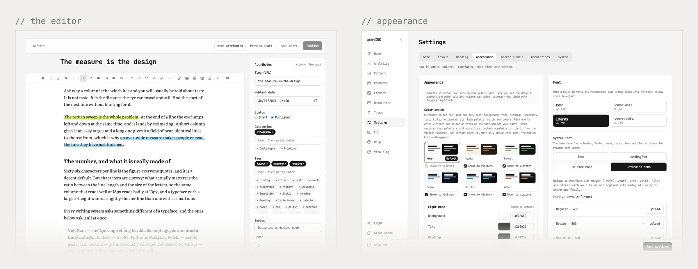 The Quire Ink admin: the post editor with its attributes panel, and the appearance settings showing six colour palettes and four reading fonts