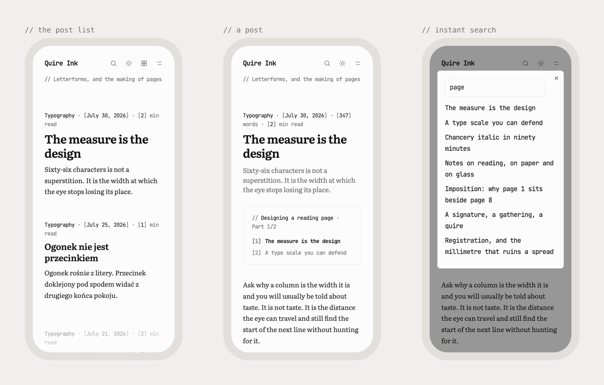 Three phone screens: the post list, an article, and the instant search overlay showing seven matching titles