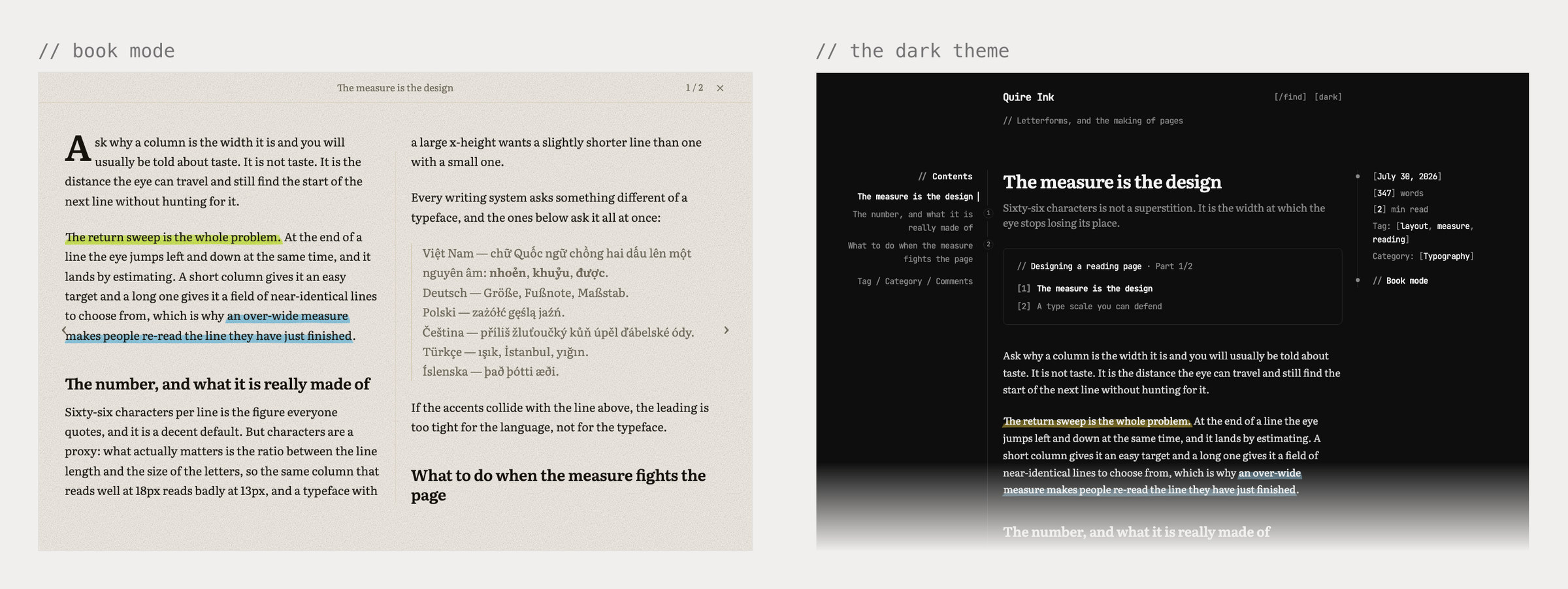 Book mode, a fullscreen two-column reader on paper with a drop cap and a page count, beside an article in the dark theme