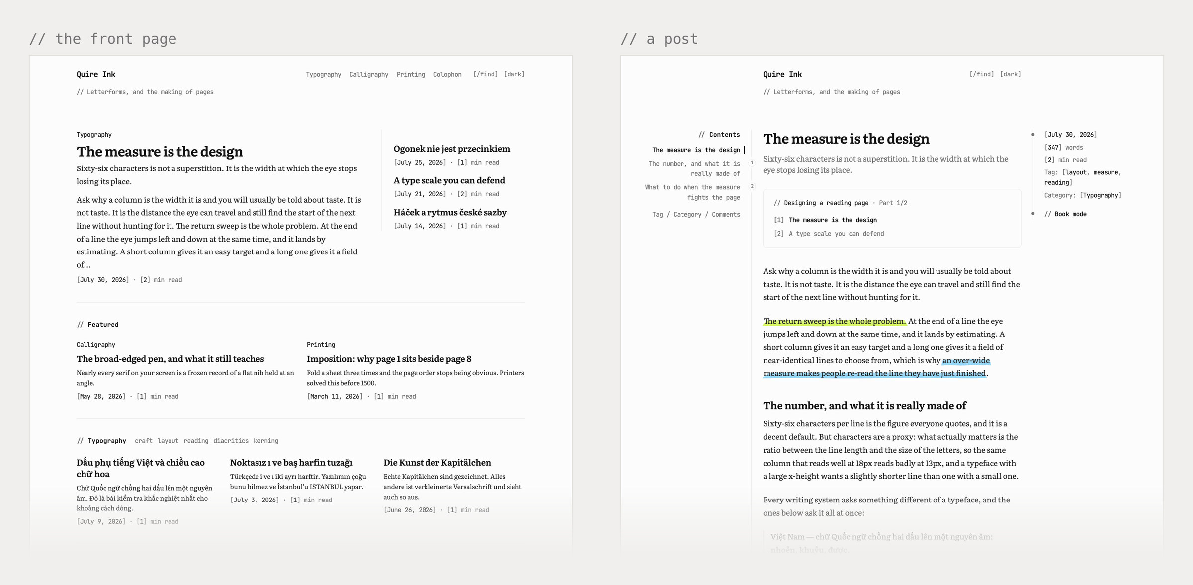 Two screenshots side by side: a composed front page with a lead story and section rows, and the same site's article page with a contents rail and a meta column