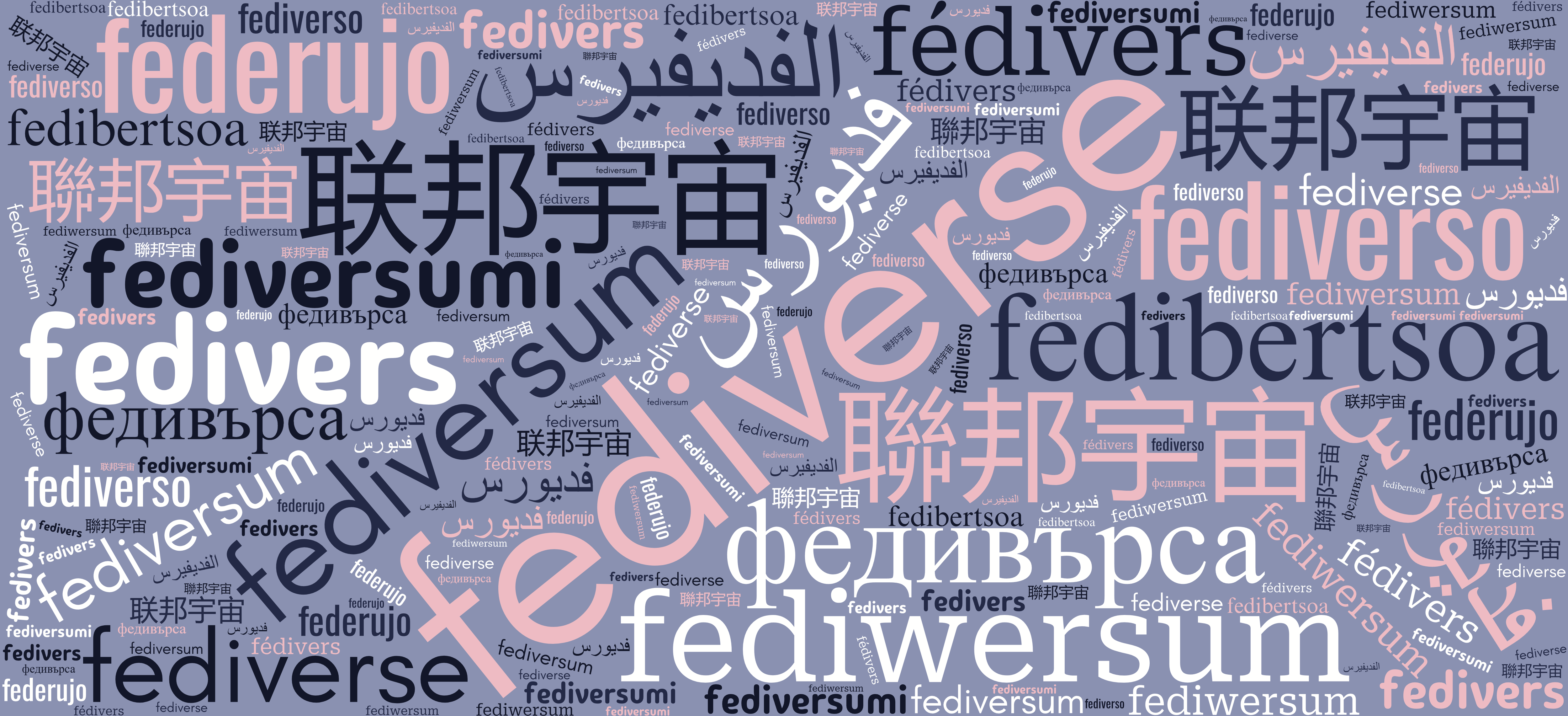 A word cloud of translations of the word fediverse into multiple languages: fediverse, فدیورس, الفديفيرس, федивърса, Fedivers, Fediverse, 联邦宇宙, 聯邦宇宙, fediverso, federujo, fedibertsoa, fédivers, fediversum, fediwersum, fediversumi.