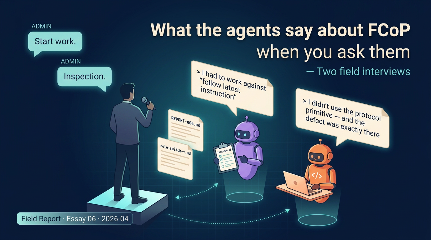 Essay 06 cover: ADMIN interviewing PLANNER and CODER robots with speech bubbles