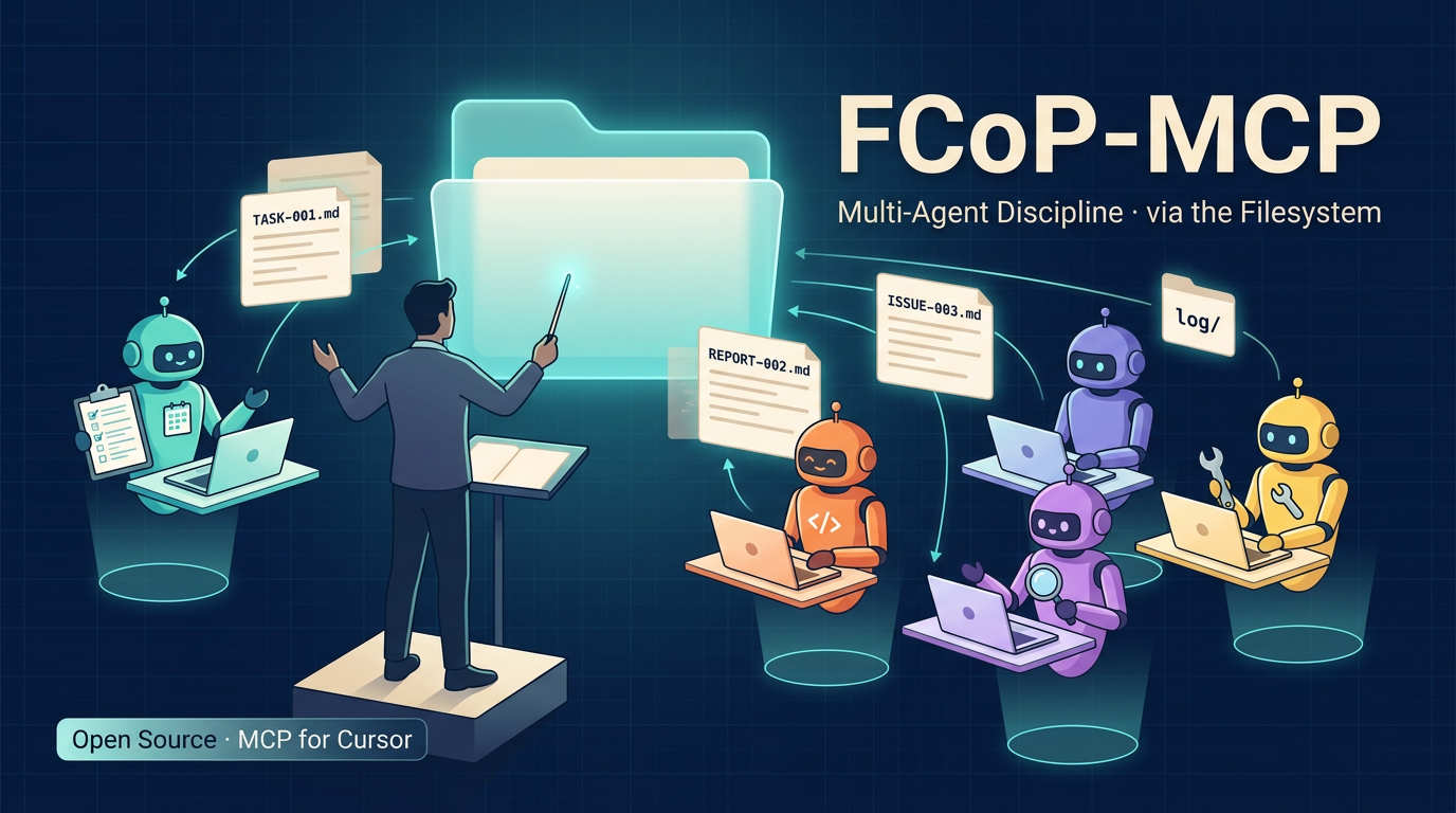 FCoP-MCP architecture: ADMIN at a podium directing agents who exchange markdown files