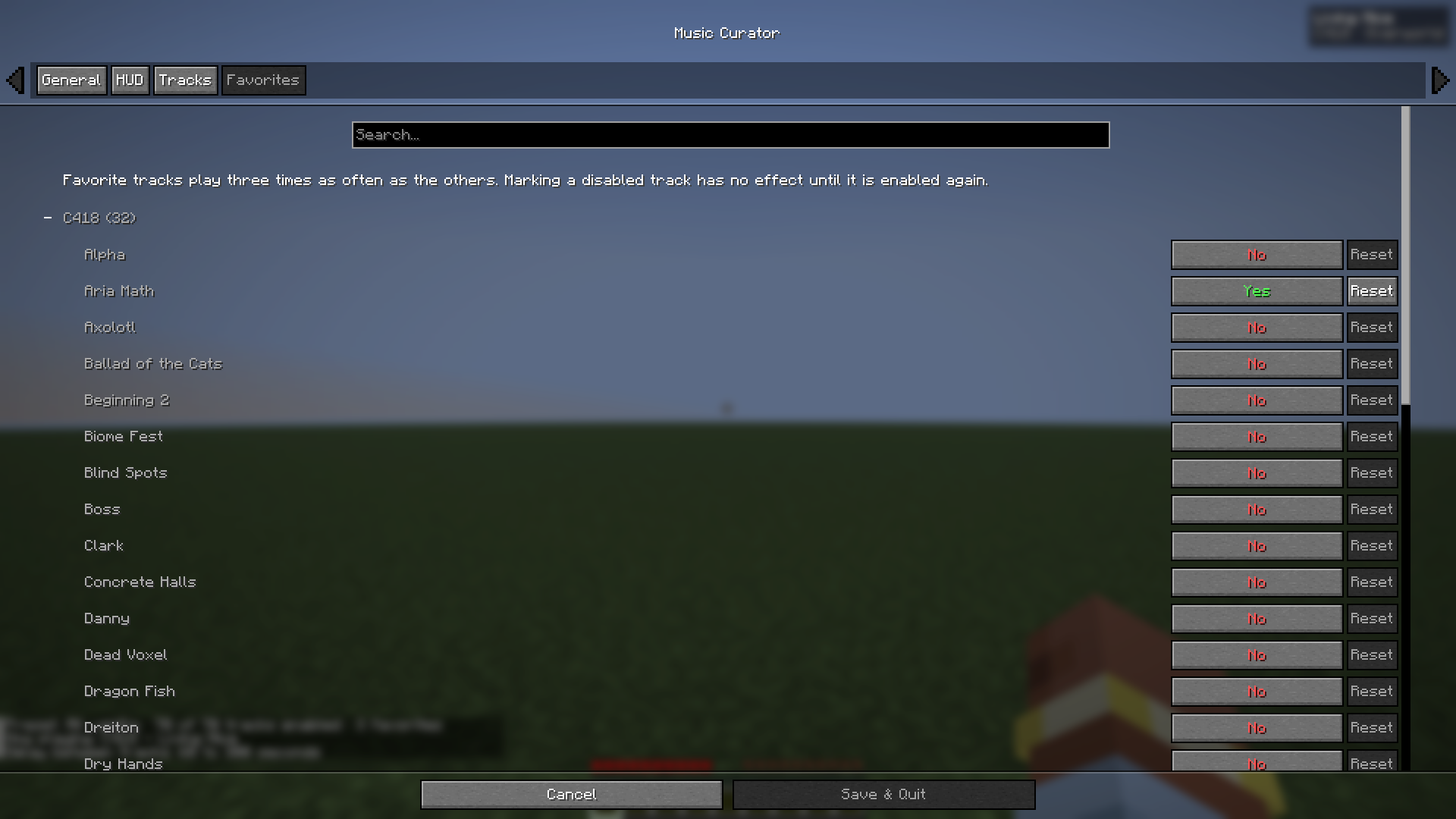 The Favorites tab of the settings screen