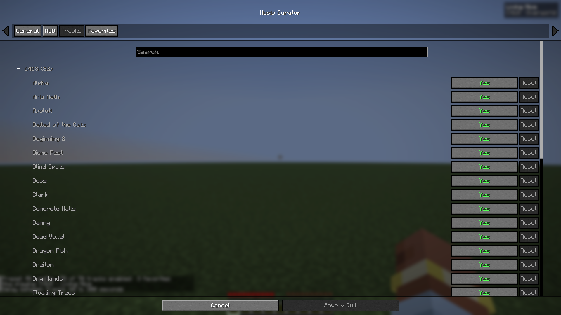 The Tracks tab, with every C418 track listed